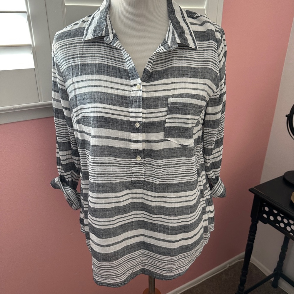 Merona Gray and White Striped partial Button Down Shirt Size L